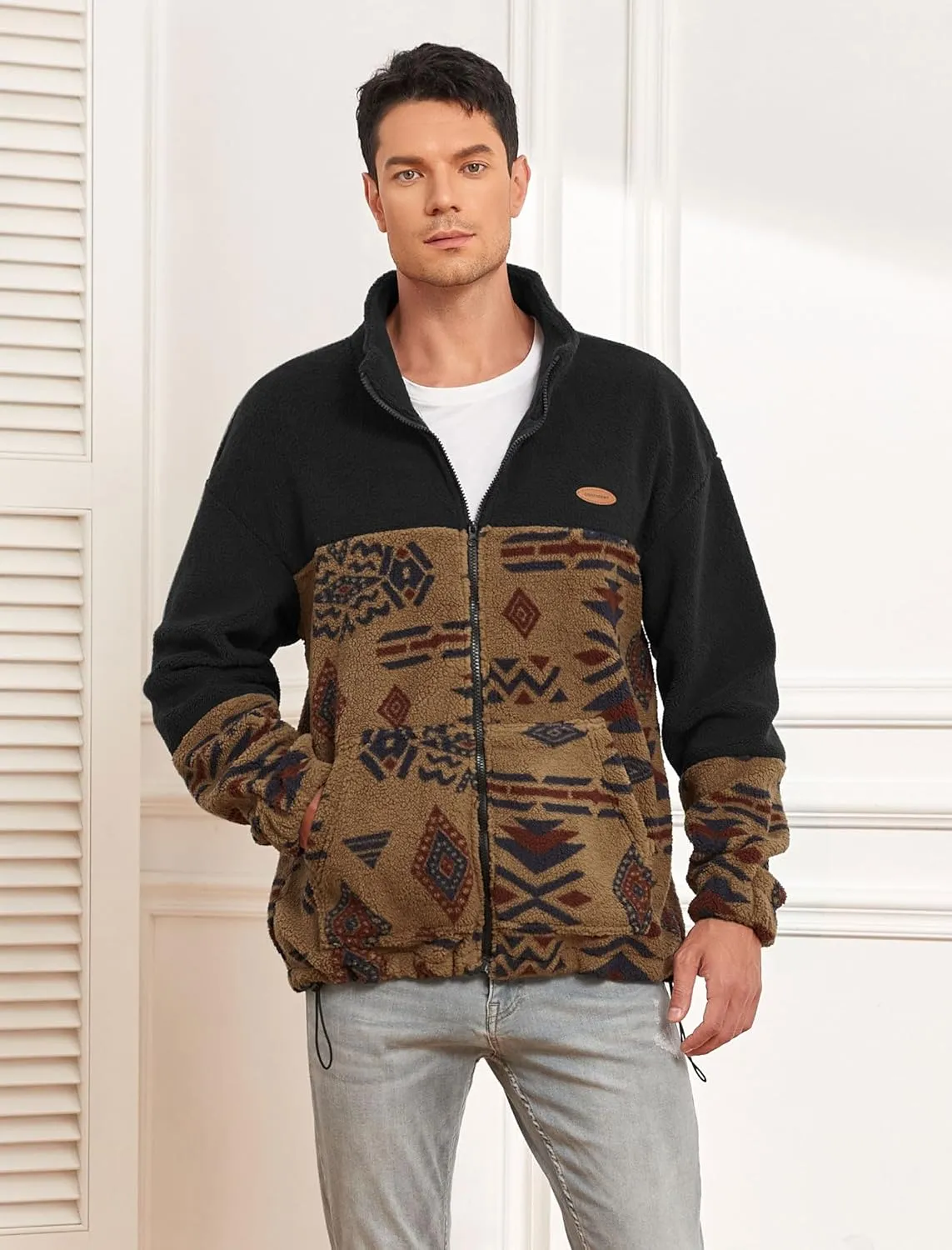 ZAFUL Men Ethnic Aztec Printed Fluffy Fuzzy Jacket Plush Fleece Casual Stand Collar Zip Outwear Cardigan Coat with Pockets