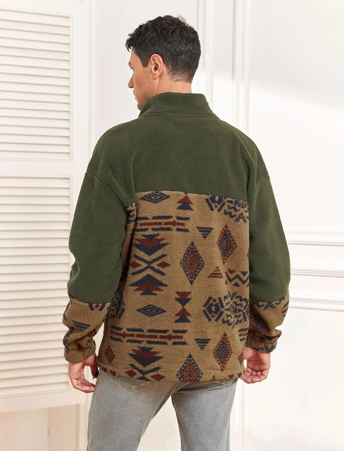 ZAFUL Men Ethnic Aztec Printed Fluffy Fuzzy Jacket Plush Fleece Casual Stand Collar Zip Outwear Cardigan Coat with Pockets
