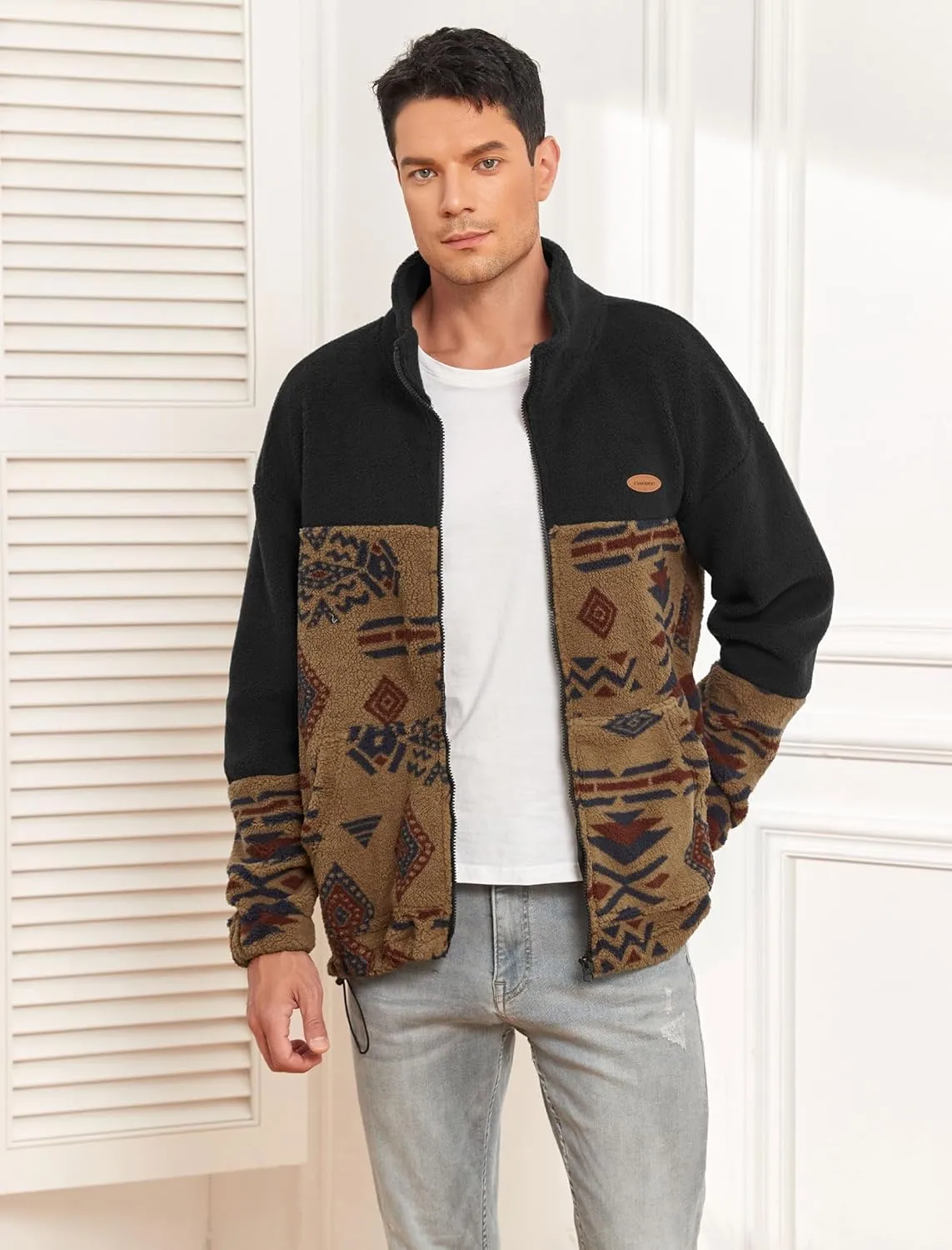 ZAFUL Men Ethnic Aztec Printed Fluffy Fuzzy Jacket Plush Fleece Casual Stand Collar Zip Outwear Cardigan Coat with Pockets
