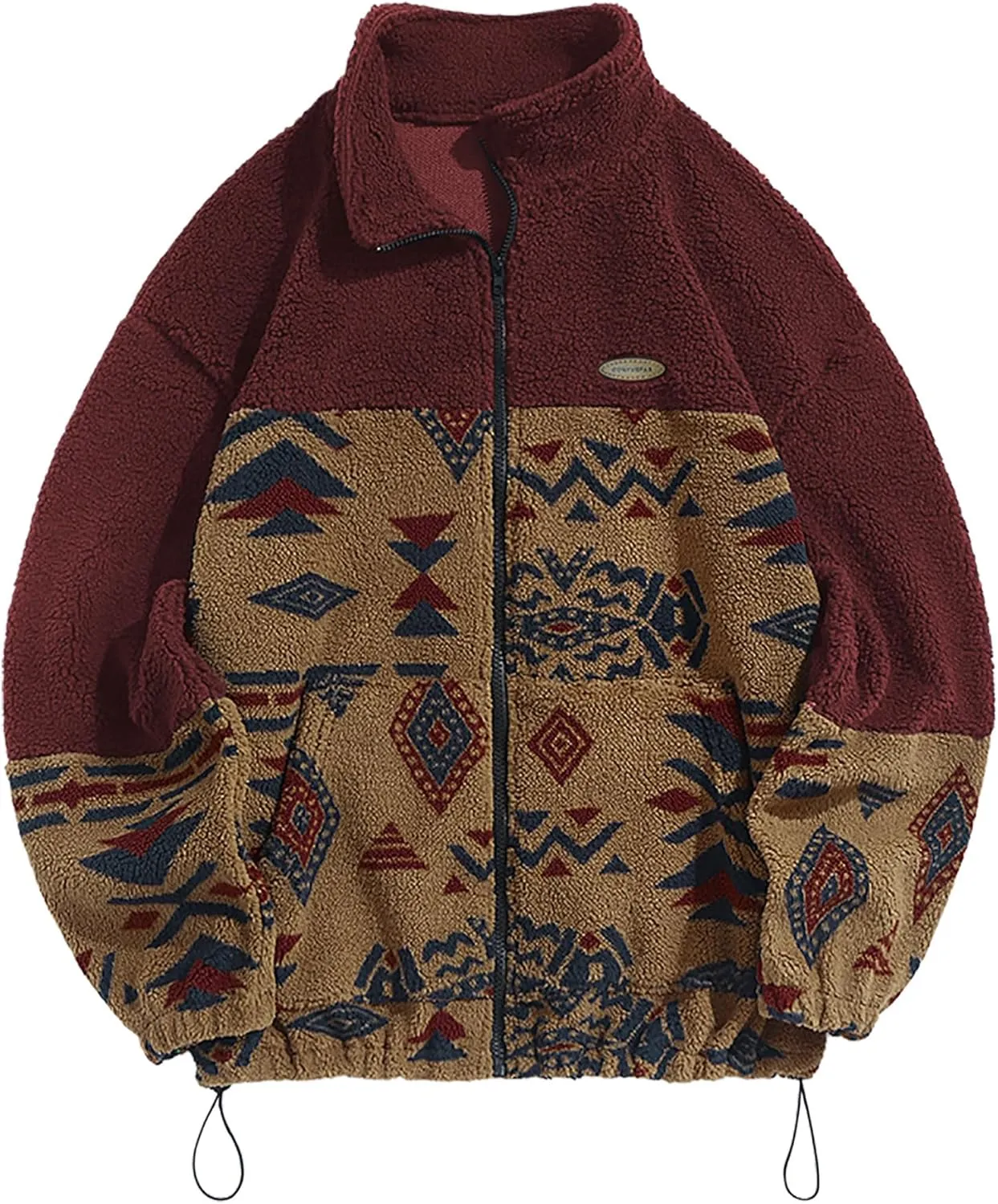ZAFUL Men Ethnic Aztec Printed Fluffy Fuzzy Jacket Plush Fleece Casual Stand Collar Zip Outwear Cardigan Coat with Pockets