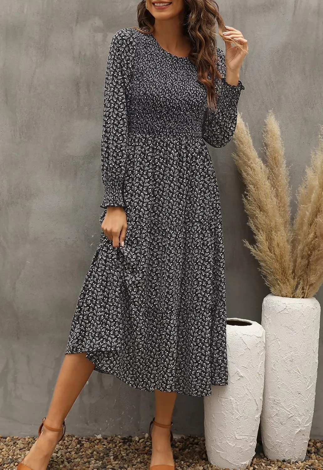 Zattcas Womens Fall Dresses 2025 Casual Long Sleeve Smocked Boho Floral Tiered Midi Wedding Guest Dress with Pockets