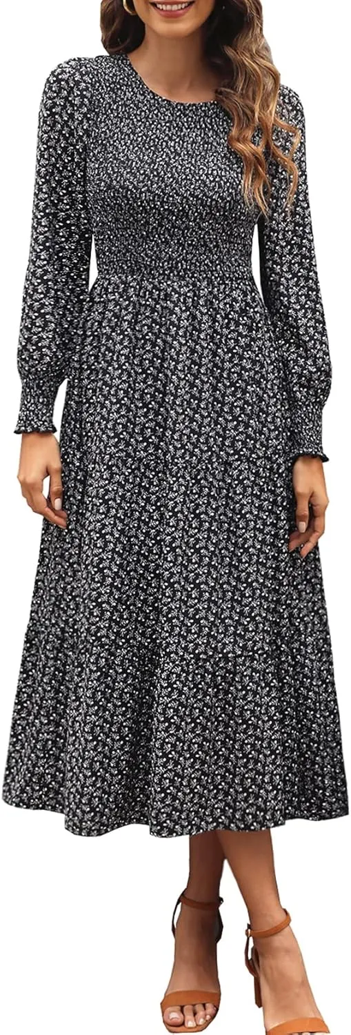 Zattcas Womens Fall Dresses 2025 Casual Long Sleeve Smocked Boho Floral Tiered Midi Wedding Guest Dress with Pockets