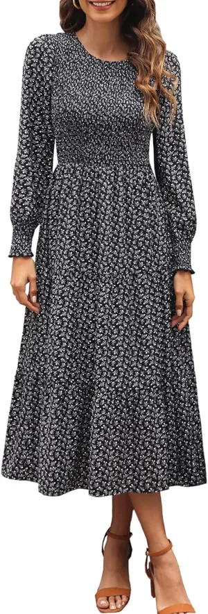 Zattcas Womens Fall Dresses 2025 Casual Long Sleeve Smocked Boho Floral Tiered Midi Wedding Guest Dress with Pockets