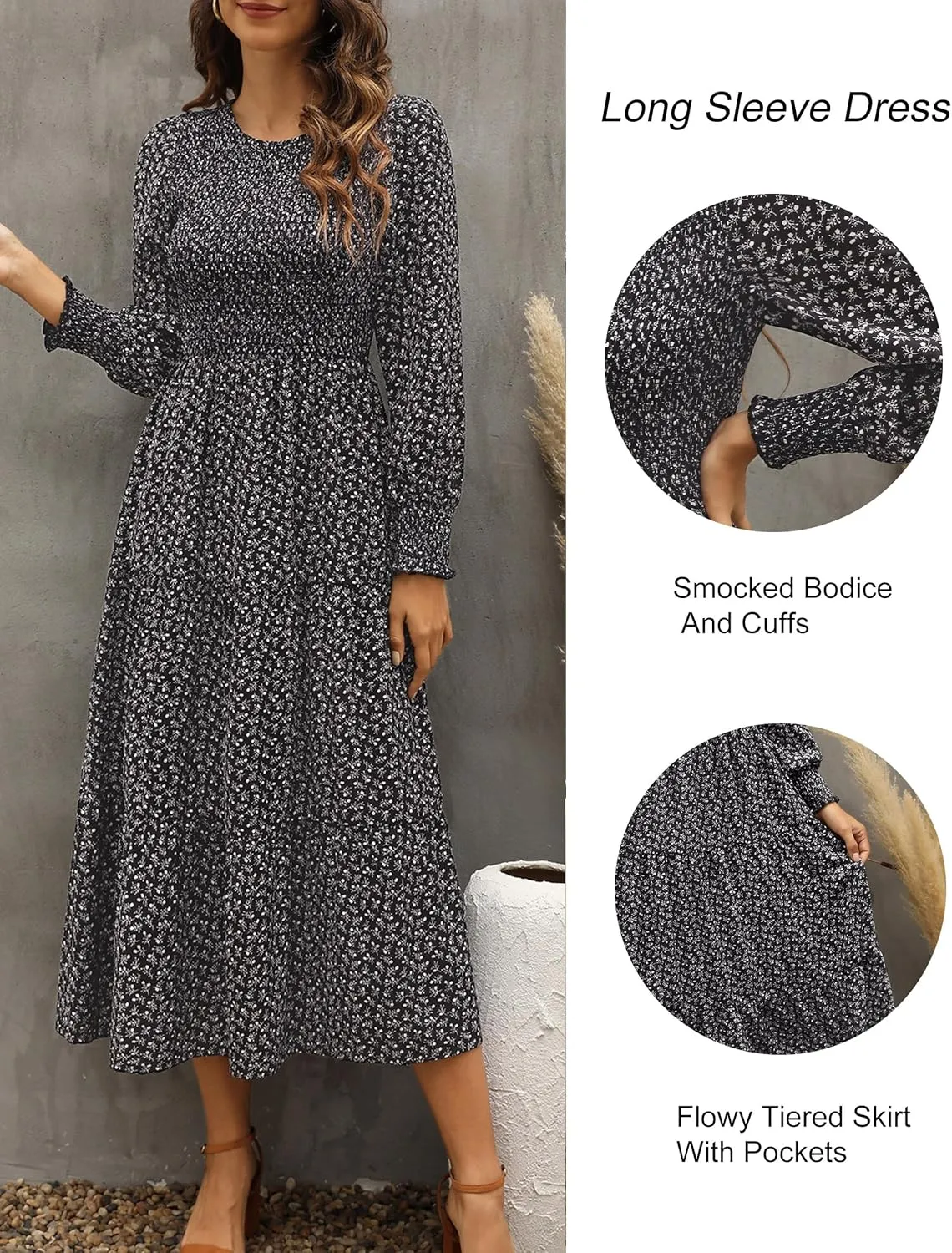 Zattcas Womens Fall Dresses 2025 Casual Long Sleeve Smocked Boho Floral Tiered Midi Wedding Guest Dress with Pockets