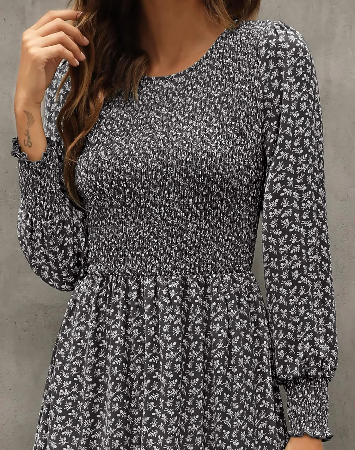 Zattcas Womens Fall Dresses 2025 Casual Long Sleeve Smocked Boho Floral Tiered Midi Wedding Guest Dress with Pockets