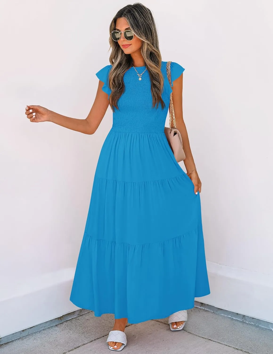 ZESICA Women's 2025 Summer Casual Flutter Short Sleeve Crew Neck Smocked Elastic Waist Tiered Midi Dress