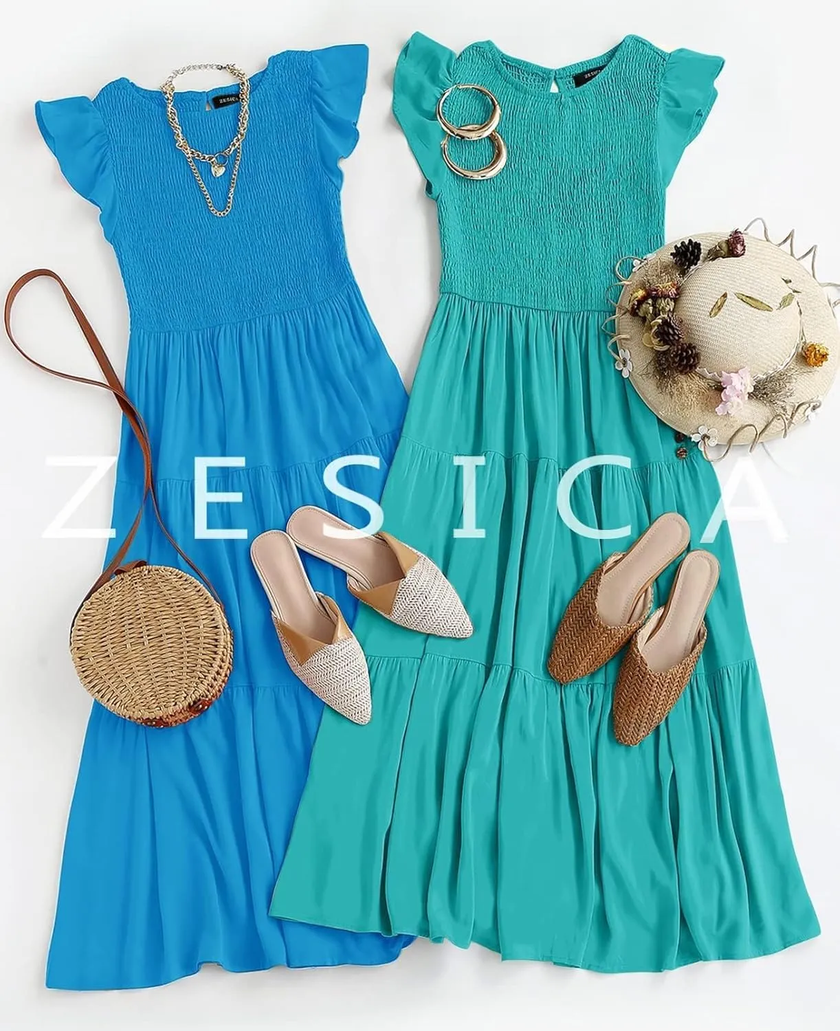 ZESICA Women's 2025 Summer Casual Flutter Short Sleeve Crew Neck Smocked Elastic Waist Tiered Midi Dress
