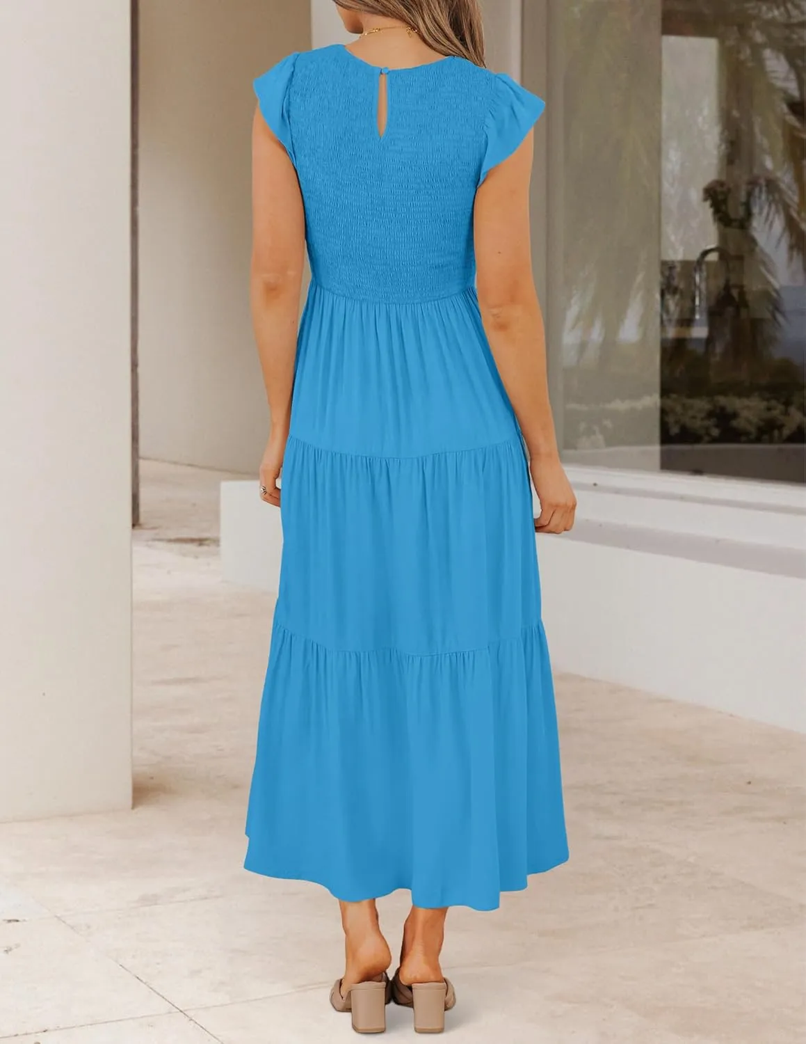 ZESICA Women's 2025 Summer Casual Flutter Short Sleeve Crew Neck Smocked Elastic Waist Tiered Midi Dress