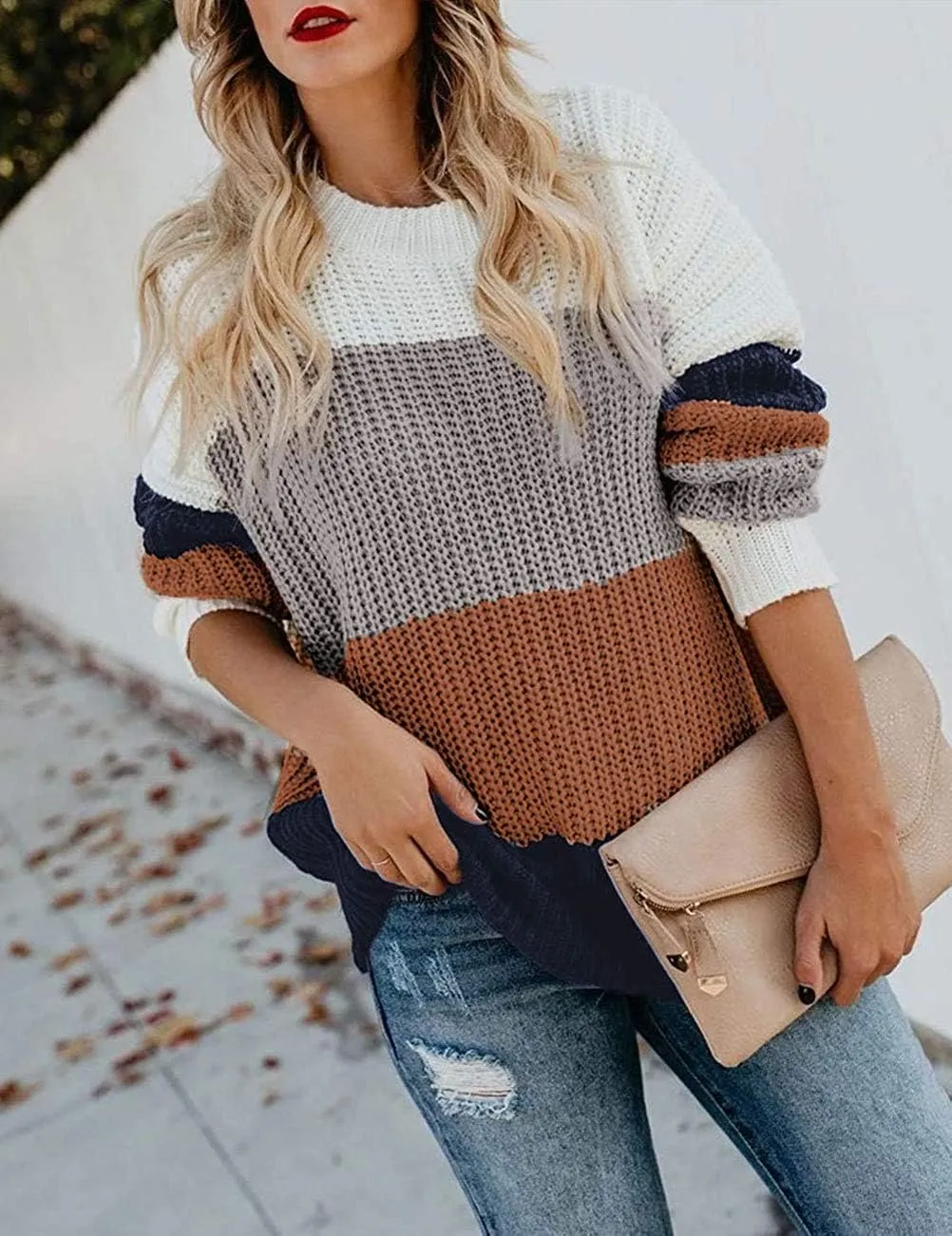 ZESICA Women's Fall Long Sleeve Crew Neck Striped Color Block Casual Loose Knitted Pullover Sweater Tops