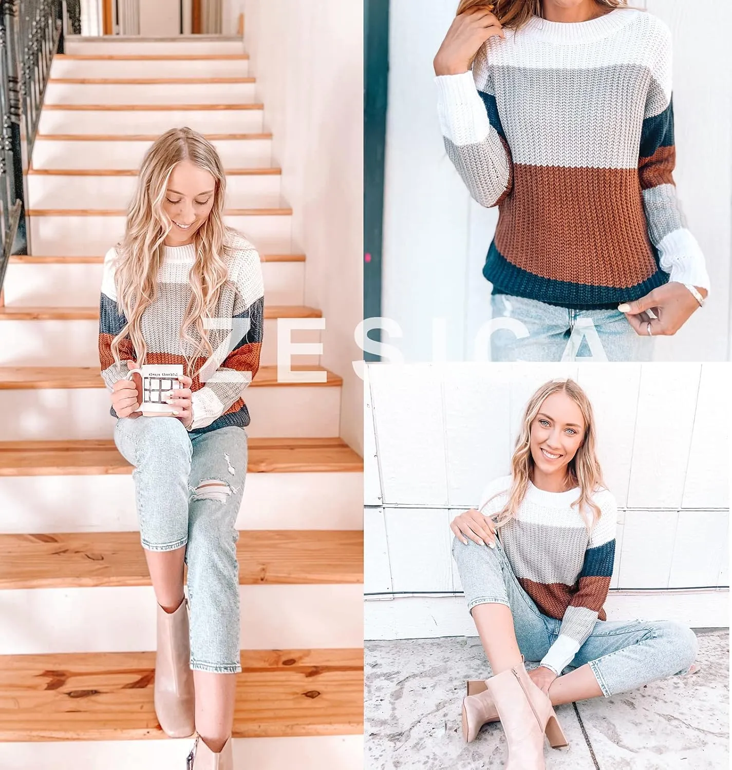 ZESICA Women's Fall Long Sleeve Crew Neck Striped Color Block Casual Loose Knitted Pullover Sweater Tops