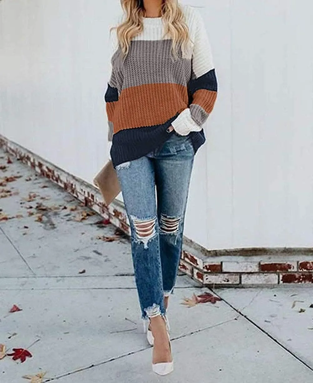 ZESICA Women's Fall Long Sleeve Crew Neck Striped Color Block Casual Loose Knitted Pullover Sweater Tops