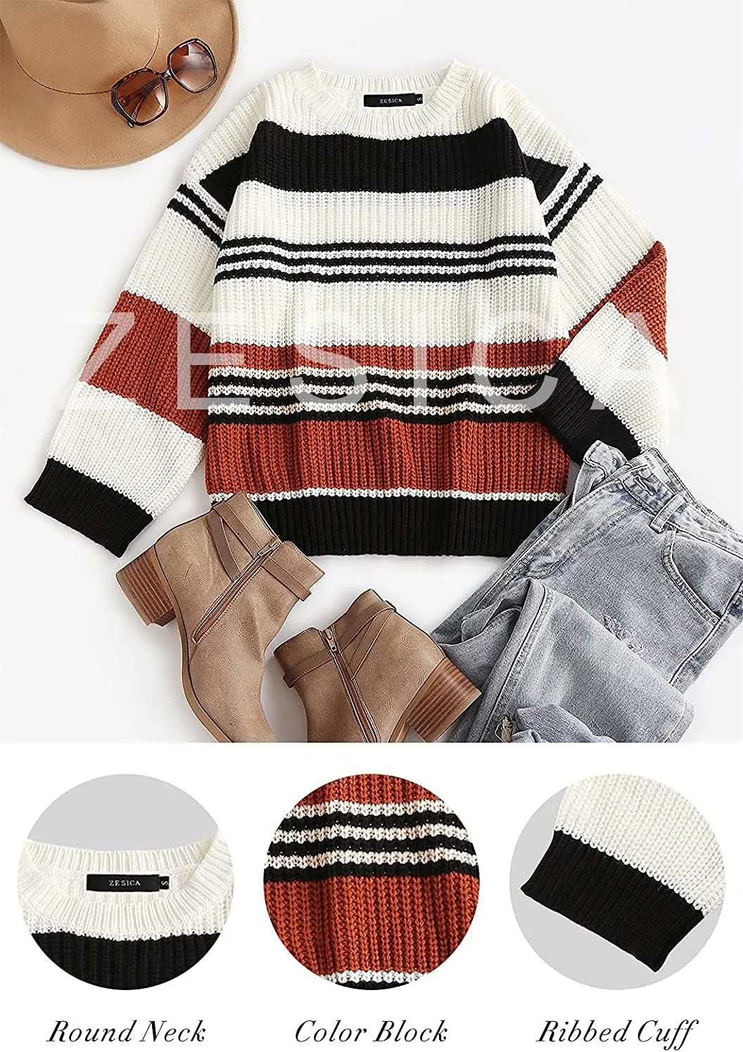 ZESICA Women's Fall Long Sleeve Crew Neck Striped Color Block Casual Loose Knitted Pullover Sweater Tops