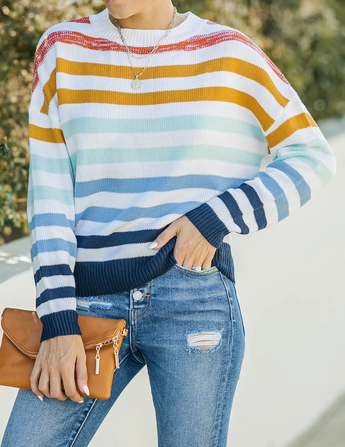 ZESICA Women's Fall Long Sleeve Crew Neck Striped Color Block Casual Loose Knitted Pullover Sweater Tops