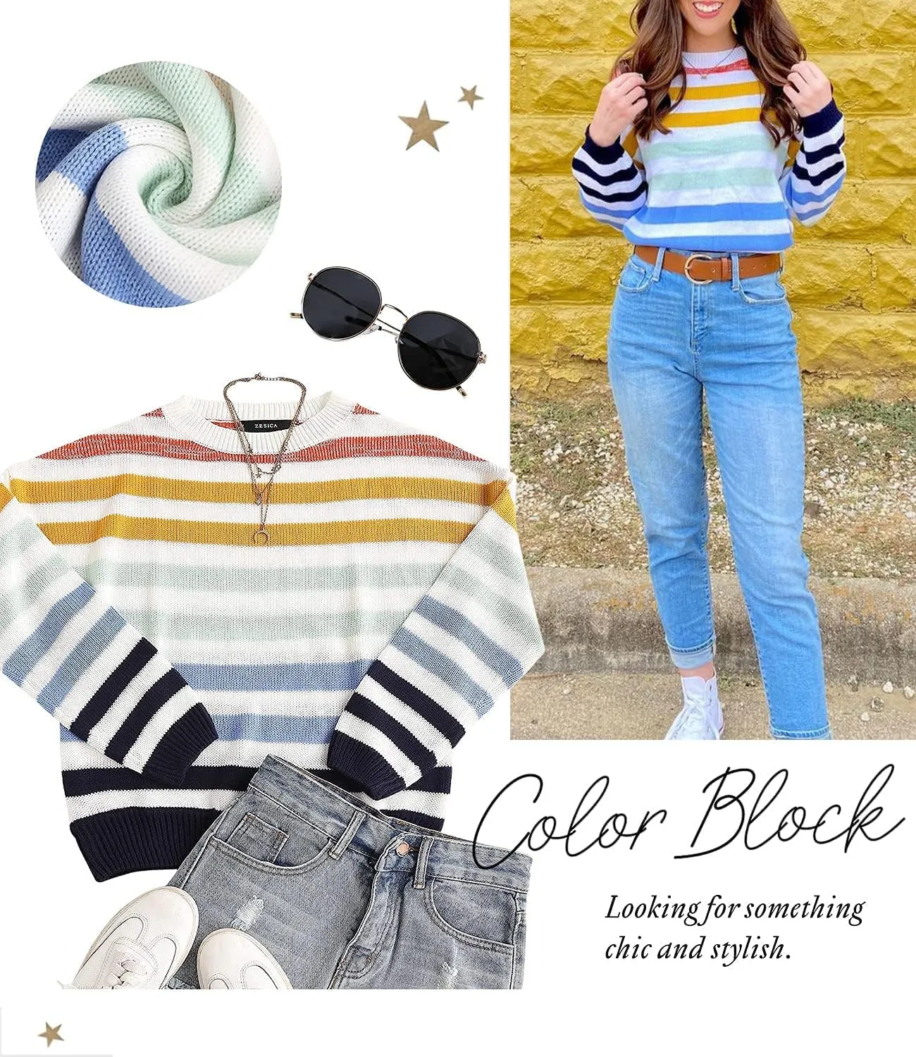 ZESICA Women's Fall Long Sleeve Crew Neck Striped Color Block Casual Loose Knitted Pullover Sweater Tops