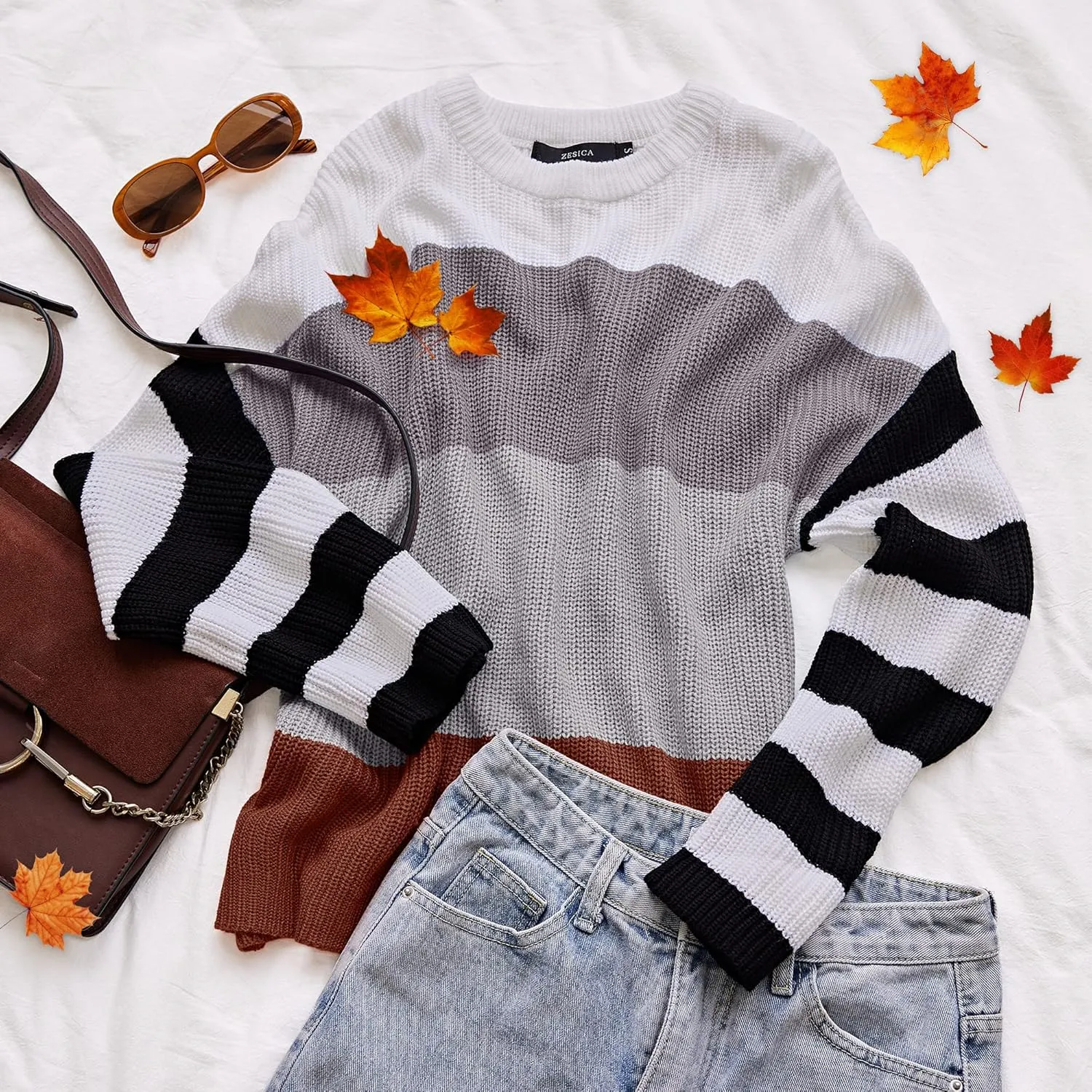 ZESICA Women's Fall Long Sleeve Crew Neck Striped Color Block Casual Loose Knitted Pullover Sweater Tops