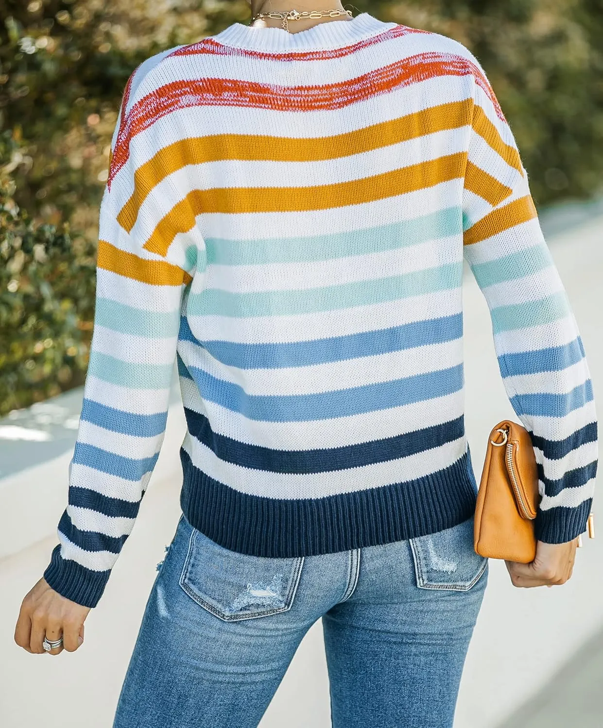 ZESICA Women's Fall Long Sleeve Crew Neck Striped Color Block Casual Loose Knitted Pullover Sweater Tops