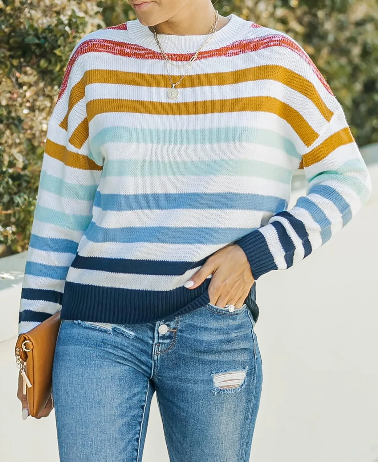 ZESICA Women's Fall Long Sleeve Crew Neck Striped Color Block Casual Loose Knitted Pullover Sweater Tops