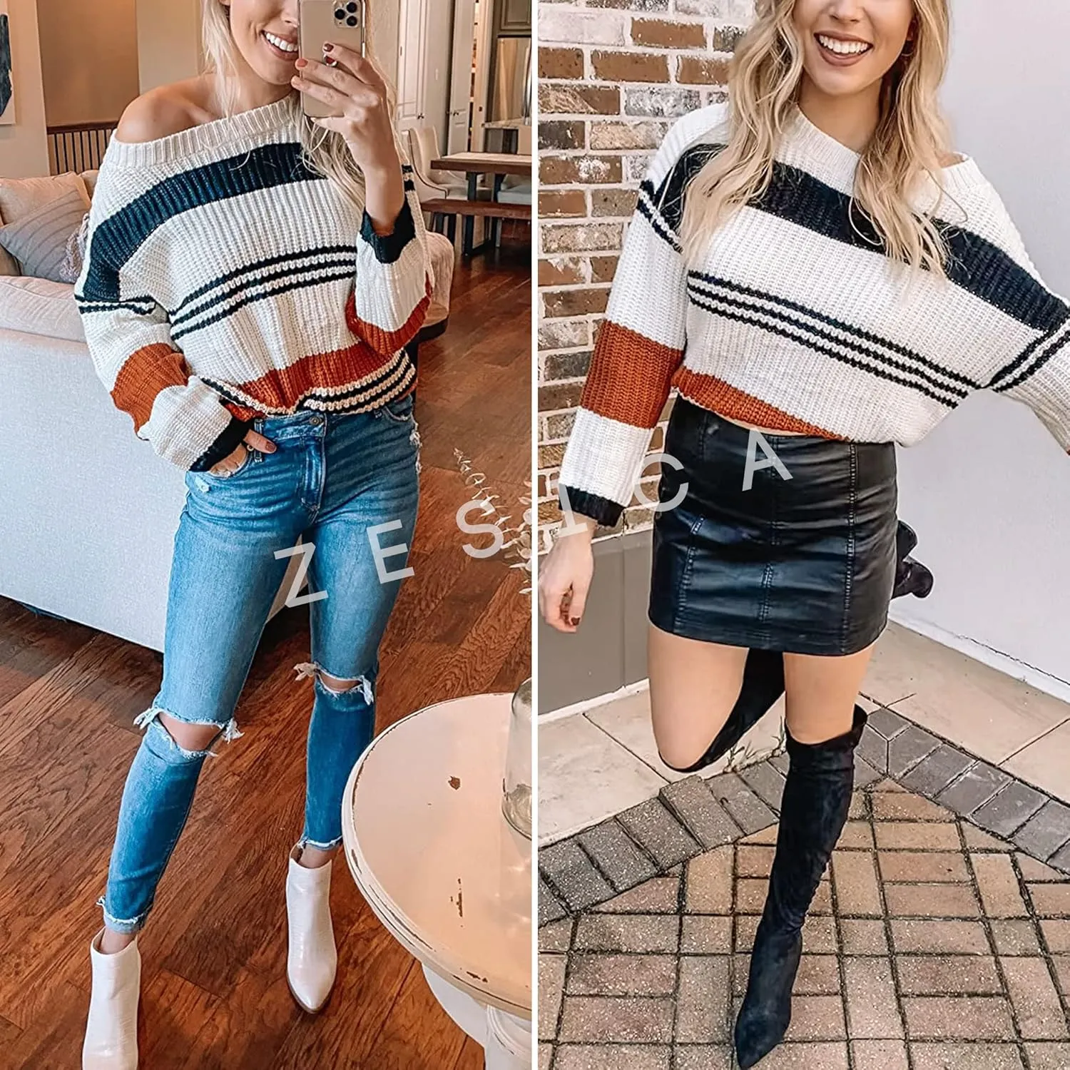 ZESICA Women's Fall Long Sleeve Crew Neck Striped Color Block Casual Loose Knitted Pullover Sweater Tops