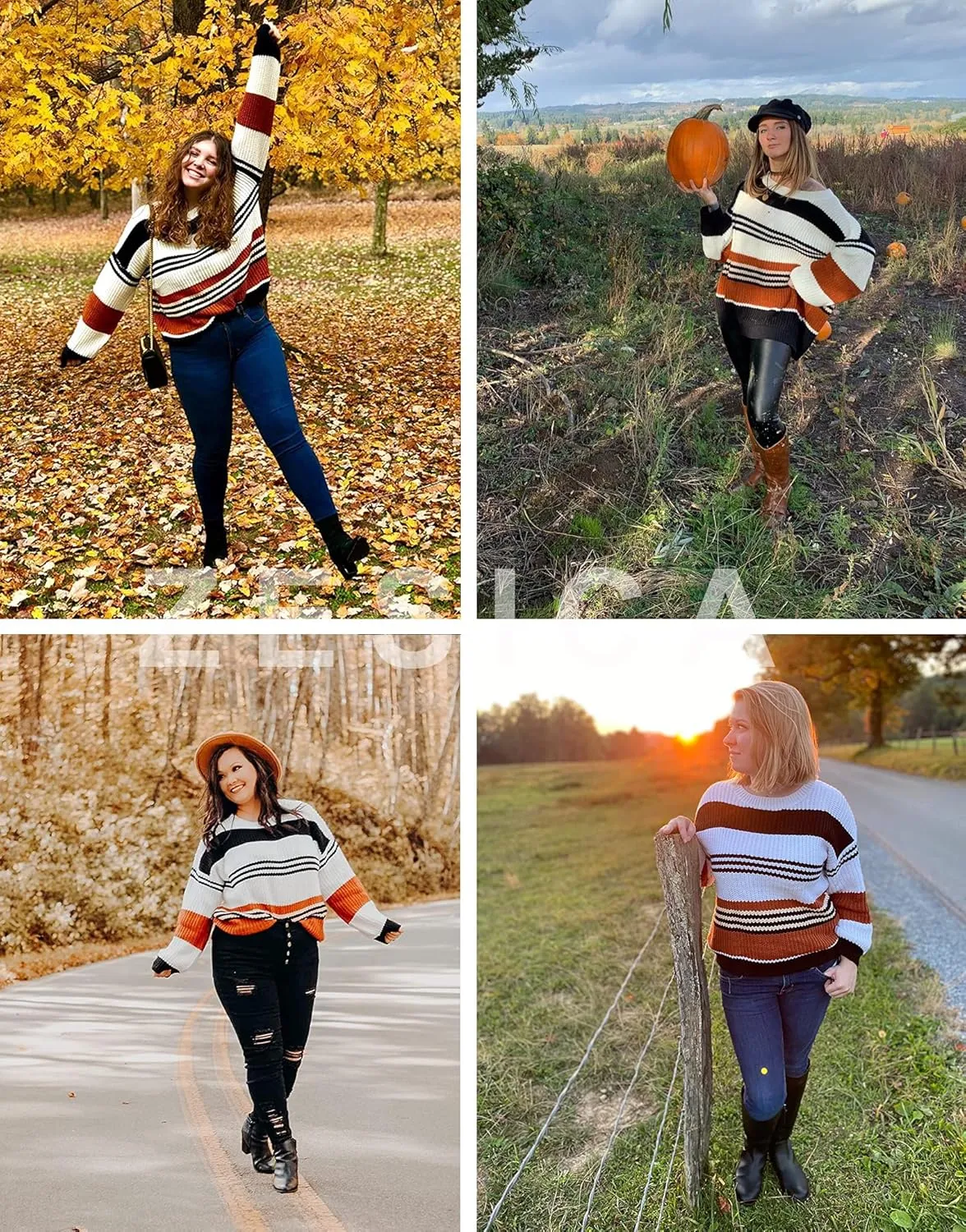 ZESICA Women's Fall Long Sleeve Crew Neck Striped Color Block Casual Loose Knitted Pullover Sweater Tops