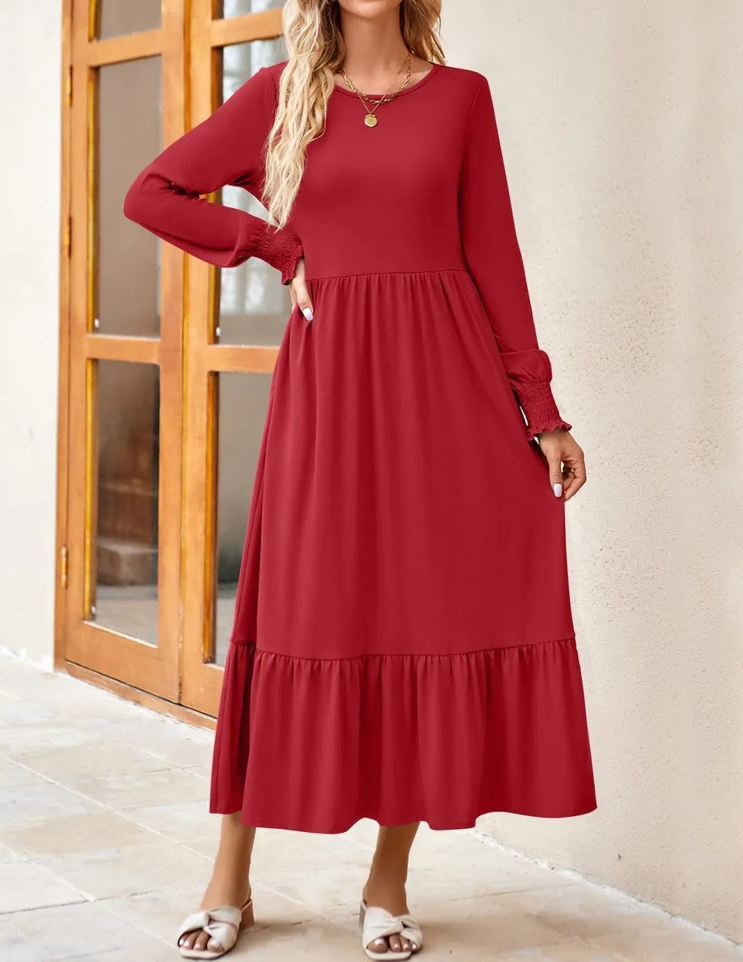 ZESICA Women's Spring Long Sleeve Dress 2025 Crewneck Casual Loose Pleated Tiered Swing Midi Dresses with Pockets