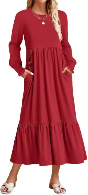 ZESICA Women's Spring Long Sleeve Dress 2025 Crewneck Casual Loose Pleated Tiered Swing Midi Dresses with Pockets