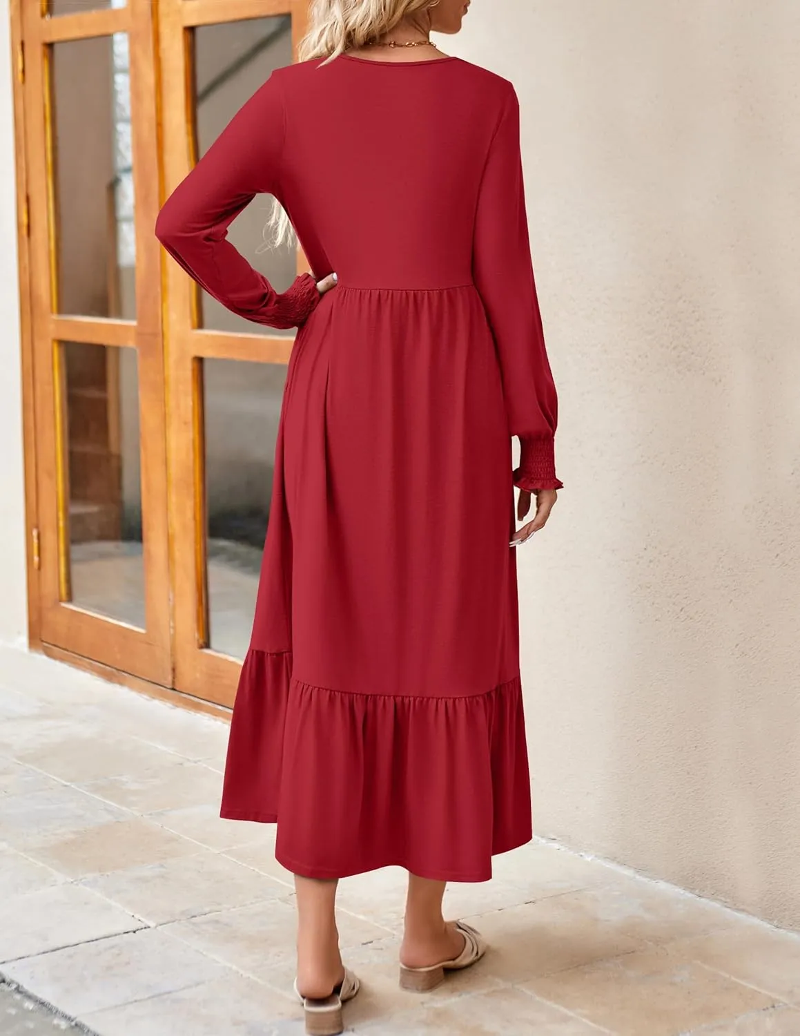 ZESICA Women's Spring Long Sleeve Dress 2025 Crewneck Casual Loose Pleated Tiered Swing Midi Dresses with Pockets