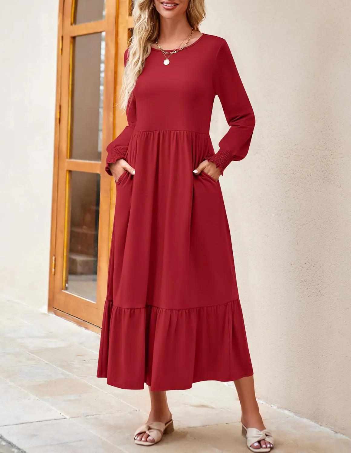 ZESICA Women's Spring Long Sleeve Dress 2025 Crewneck Casual Loose Pleated Tiered Swing Midi Dresses with Pockets