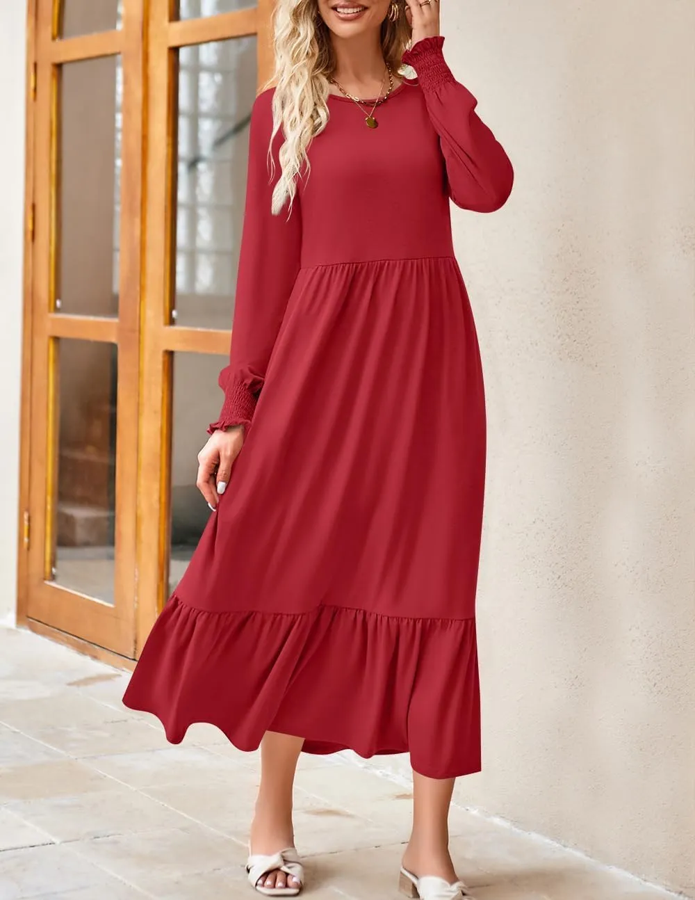 ZESICA Women's Spring Long Sleeve Dress 2025 Crewneck Casual Loose Pleated Tiered Swing Midi Dresses with Pockets