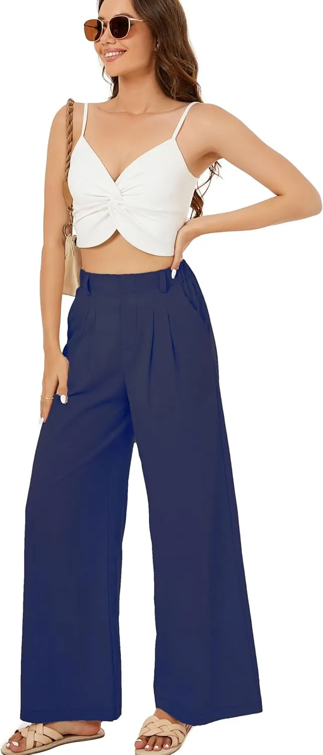 Zontroldy Cotton Linen Wide Leg Palazzo Beach Pants for Women Casual Elastic High Waist Smocked Lounge Pants