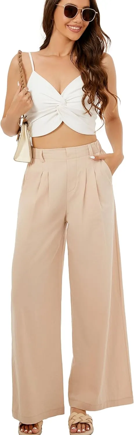 Zontroldy Cotton Linen Wide Leg Palazzo Beach Pants for Women Casual Elastic High Waist Smocked Lounge Pants