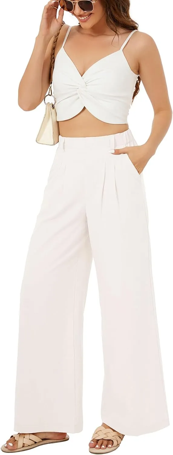 Zontroldy Cotton Linen Wide Leg Palazzo Beach Pants for Women Casual Elastic High Waist Smocked Lounge Pants