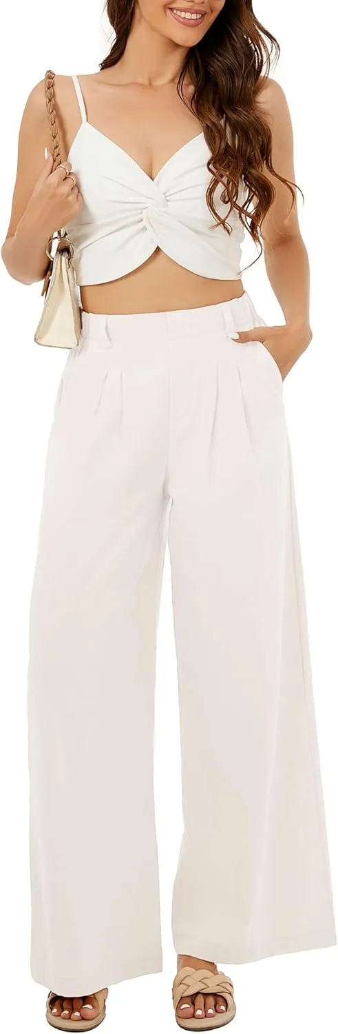 Zontroldy Cotton Linen Wide Leg Palazzo Beach Pants for Women Casual Elastic High Waist Smocked Lounge Pants