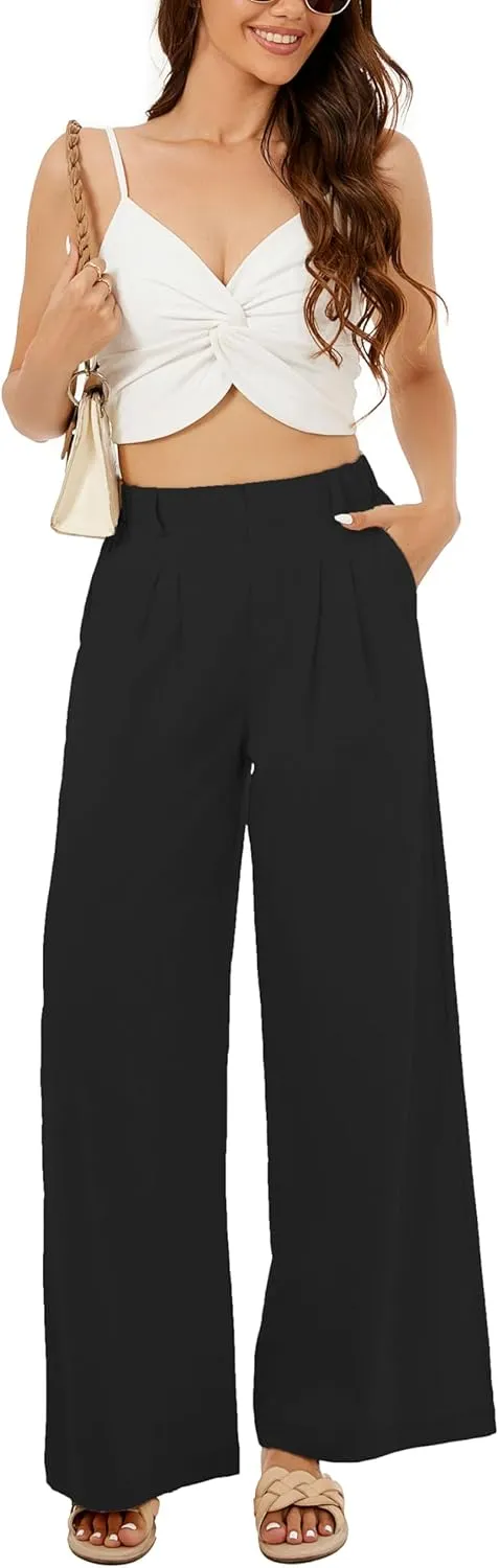Zontroldy Cotton Linen Wide Leg Palazzo Beach Pants for Women Casual Elastic High Waist Smocked Lounge Pants