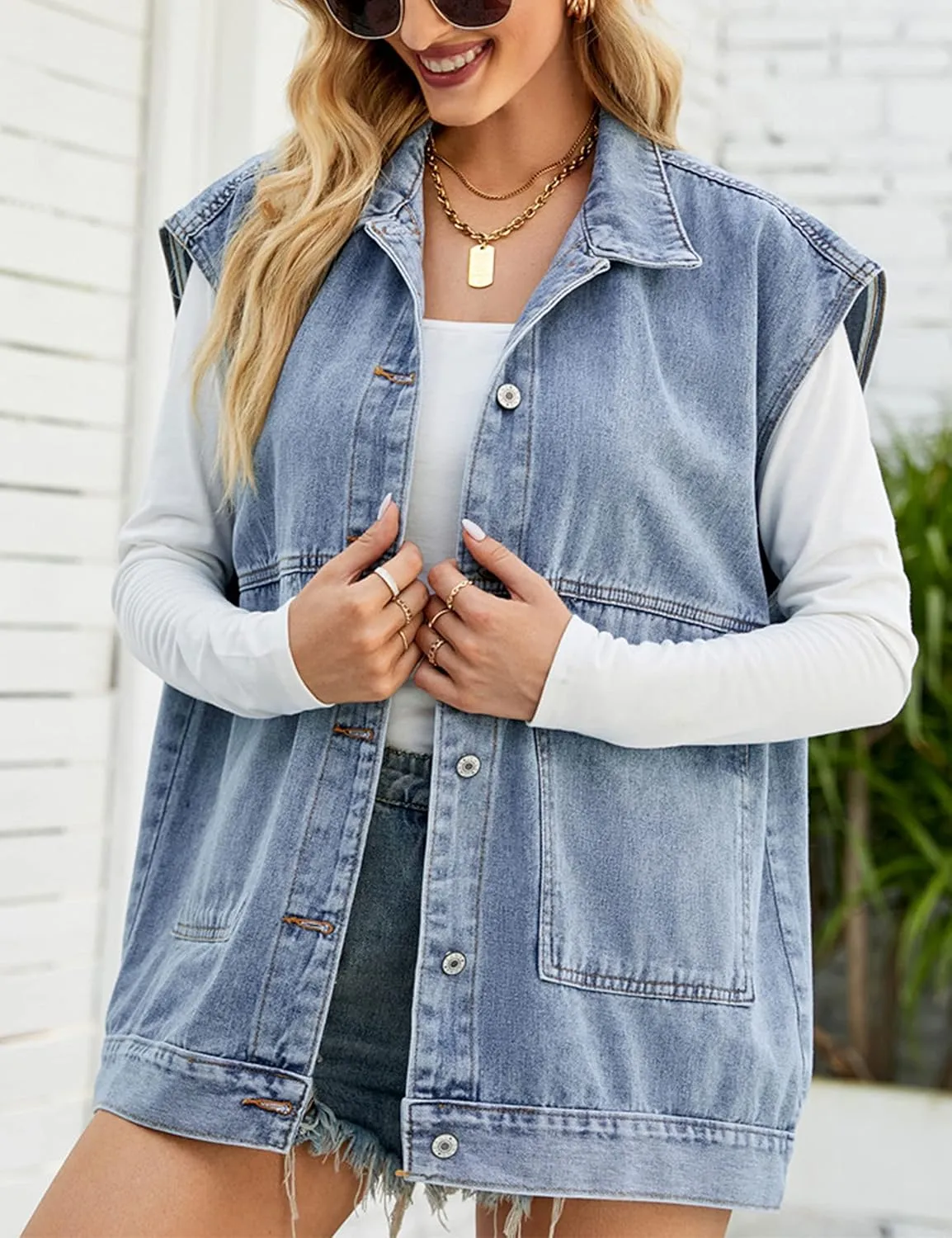 Zontroldy Denim Jean Vest for Women Oversized Sleeveless Button Down Denim Jean Vest Waistcoat Shacket Jacket